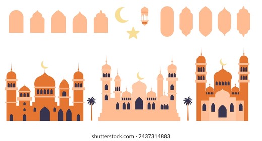 Conjunto de elementos de diseño de religión islámica como ventanas y arcos, mezquita, estrellas, luna, linterna. Moderno clipart plano para plantilla, banners, volantes