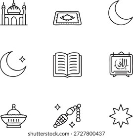 Set of Islamic religious icons featuring mosque, crescent moon, Quran, prayer beads, and Arabic calligraphy