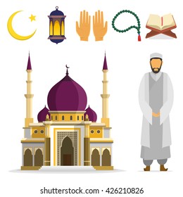 Set of Islamic religious symbols and ritual objects. Ramadan symbol. Muslim Mosque mullah, Islamic star and crescent, lantern, palms, Koran, beads. vector flat islam. cartoon design. islam icons. 