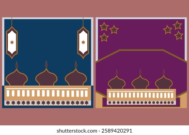 Set of islamic shape mosques in flat style. Old mosque doors, arabian arches silhouette. Muslim architecture geometric gate portal, eid mubarak and ramadan kareem font