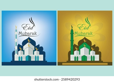 Set of islamic shape mosques in flat style. Old mosque doors, arabian arches silhouette. Muslim architecture geometric gate portal, eid mubarak and ramadan kareem font