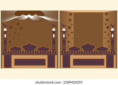 Set of islamic shape mosques in flat style. Old mosque doors, arabian arches silhouette. Muslim architecture geometric gate portal, eid mubarak and ramadan kareem font