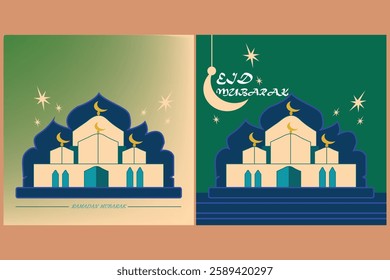 Set of islamic shape mosques in flat style. Old mosque doors, arabian arches silhouette. Muslim architecture geometric gate portal, eid mubarak and ramadan kareem font