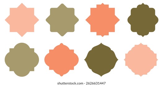  Set of Islamic shape window frame in flat style. Arab frame set. Ramadan Kareem silhouette icon. Mosque gate. Islamic arabesque pattern.