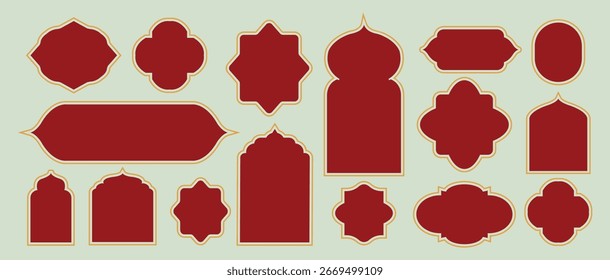 Set of Islamic shape window frame in flat style. Arab frame set. Ramadan Kareem silhouette icon. Mosque gate. Islamic arabesque pattern. Oriental style Islamic arches, labels, logo templates.