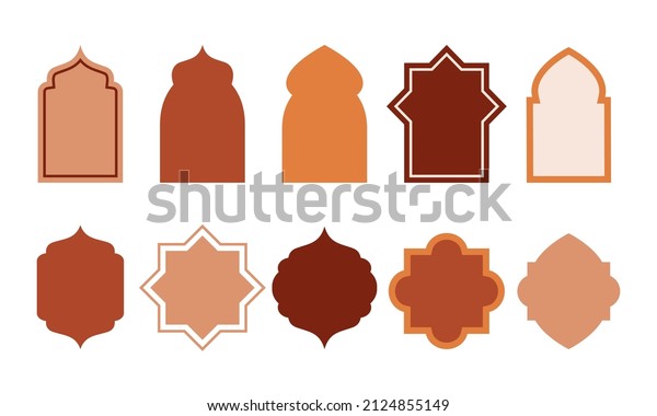 Set of Islamic shape window frame in retro\
boho color. Flat style vector\
design