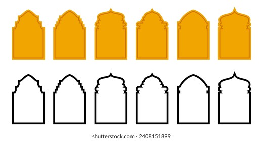 Satz von Illustrationen im islamischen Stil von Silhouetten und Linien. Stilvolles Design von Türen, Fenstern, Kuppeln, Moscheen, Laternen, Vektorgrafik für islamische Feiertage