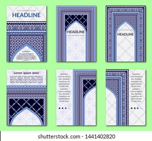 Set of Islamic style page layouts design template, creative art elements and ornament, brochure and flyer, classic blue colors and artistic solutions for design and decoration. Vector illustration