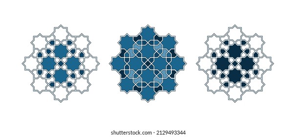 Conjunto de rosettes tradicionales islámicos para la decoración de tarjetas de felicitación y el diseño aislado en los fondos blancos. Ilustración vectorial.