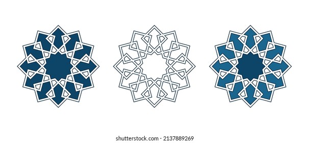 Conjunto de rosettes tradicionales islámicos para la decoración de tarjetas de felicitación y el diseño aislado en los fondos blancos. Ilustración vectorial.