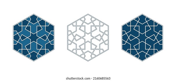 Conjunto de rosettes tradicionales islámicos para la decoración de tarjetas de felicitación y el diseño aislado en los fondos blancos. Ilustración vectorial.