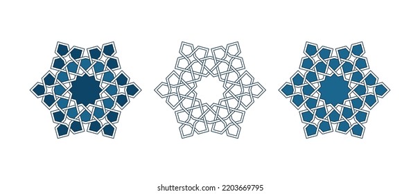 Conjunto de rosettes tradicionales islámicos para la decoración de tarjetas de felicitación y el diseño aislado en los fondos blancos. Ilustración vectorial.
