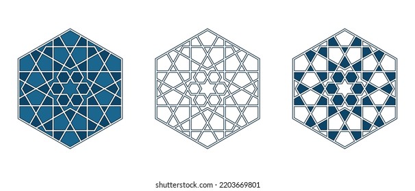 Conjunto de rosettes tradicionales islámicos para la decoración de tarjetas de felicitación y el diseño aislado en los fondos blancos. Ilustración vectorial.