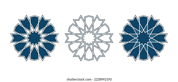Conjunto de rosettes tradicionales islámicos para la decoración de tarjetas de felicitación y el diseño aislado en los fondos blancos. Ilustración vectorial.