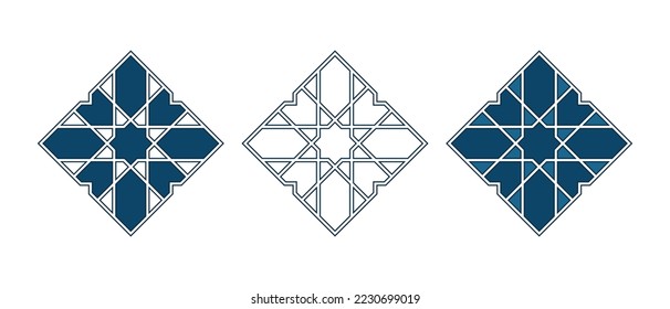 Conjunto de rosettes tradicionales islámicos para la decoración de tarjetas de felicitación y el diseño aislado en los fondos blancos. Ilustración vectorial.
