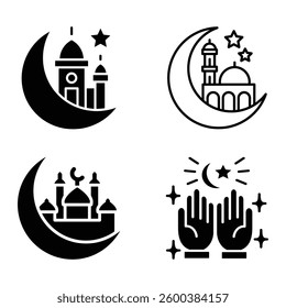 A set of Islamic vector icons featuring mosques, crescent moons, stars, and prayer hands, perfect for Ramadan and Eid designs. Ideal for religious posters, greeting cards, and festive decorations.