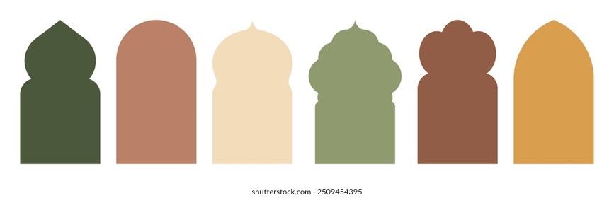 Conjunto de ventana islámica y diseño de arco. Ilustración vectorial aislada sobre fondo transparente. Forma de puerta árabe en siluetas tradicionales. Arquitectura oriental Elementos Plantilla de puerta oriental