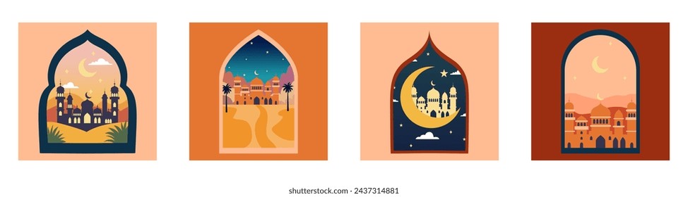 Satz von islamischen Fenster und Bögen mit Mond, Moschee Kuppel und Sternen. Wüstenlandschaft im orientalischen Stil, Ramadan Monat, modernes Boho Design.