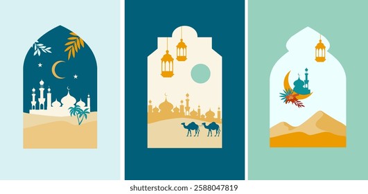 Set of Islamic window with islamic view in boho style and modern design. Frame with arabic muslim landscape for Ramadan Kareem and Ied Mubarak.
