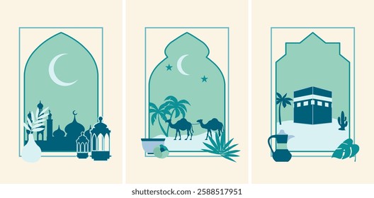 Set of Islamic window with islamic view in boho style and modern design. Frame with arabic landscape for Ramadan Kareem and Ied Mubarak.