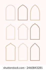 Set of islamic windows and arches lineart with modern boho design. Lineart islamic geometric windows shapes. Boho line art vector illustration for social media, poster