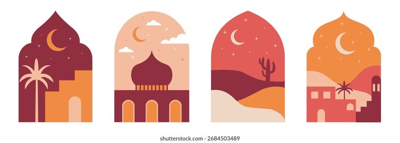 Conjunto de ventanas y arcos islámicos y Ramadán Kareem y Eid Mubarak en estilo oriental en Vector