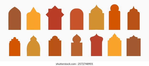 Set of islamic windows design and arch in boho and minimalist style for islamic event. Collection of oriental ornaments for background, greeting cards, social media, poster, print etc