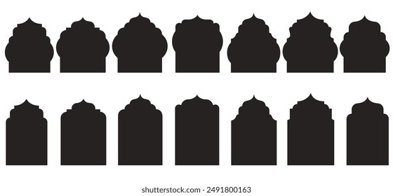 Set of Islamic windows, doors, frames in black. Collection of mosque patterns in Arabic Muslim style.