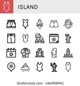 Set of island icons such as Swimsuit, Beach, Ruined, Summer, Statue of liberty, Hawaiian, Moai, Great buddha of thailand, Holidays, Yatch , island