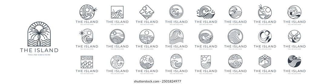 set of island line art logo vector minimalist design, ocean landscape, sea wave outline icon symbol vector illustration.