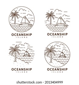 Set of island and sailing boat illustration monoline or line art style vector design