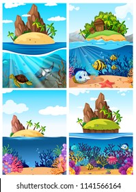 A set of island and underwater scene illustration