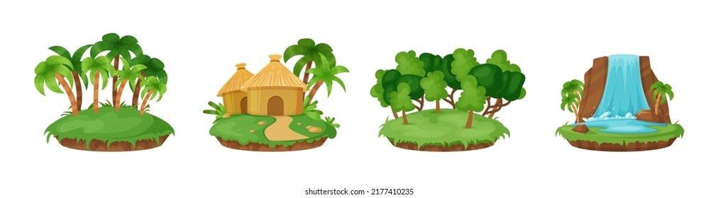 Set of islands with different beautiful natural landscapes. Green islands with palm and deciduous trees, bungalow on shore, blue waterfall. Game interface, summer holidays design cartoon vector