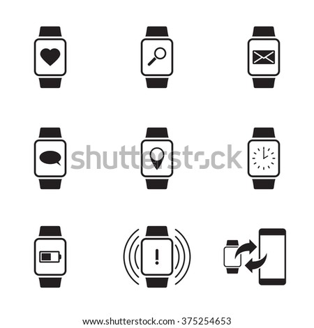 Set of islated black icons on a theme smart watch