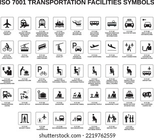 conjunto de símbolos iso 7001 facilidades de transporte sobre fondo blanco