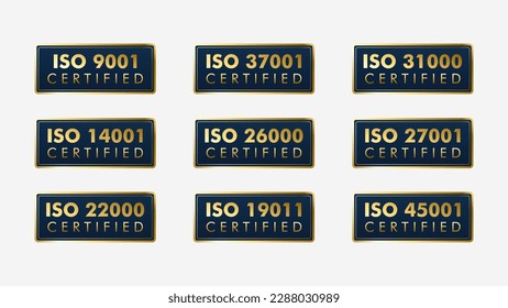 Set of ISO Certification stamp and labels quality management system, ISO 9001, ISO 22000, ISO 14001