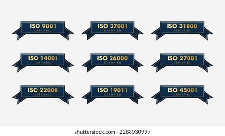 Set of ISO Certification stamp and labels quality management system, ISO 9001, ISO 22000, ISO 14001