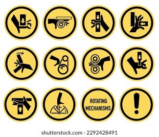 Set of ISO warning signs: hand crushing force. Be attentive. Hand chewing. Hand mutilation. EPS 10.