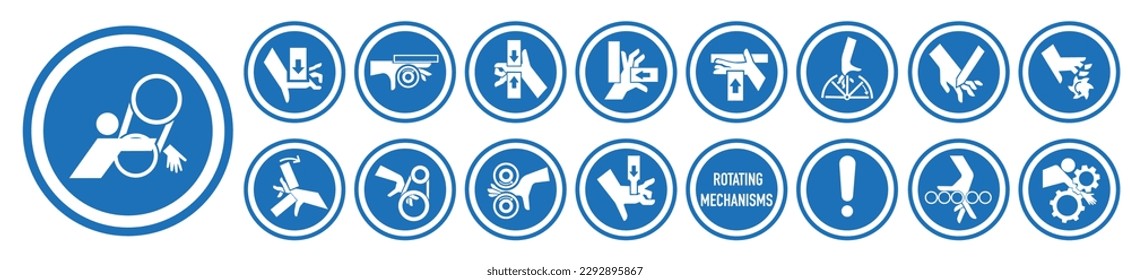 Set of ISO warning signs: hand crushing force. Be attentive. Hand chewing. Hand mutilation. EPS 10.