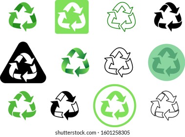 Set of isolate illustration of universal recycling symbols. Green  and black icons on white background. Waste to energy