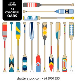 Set of isolated 14 cute colorful oars in red, blue, yellow and white. Vector illustration.