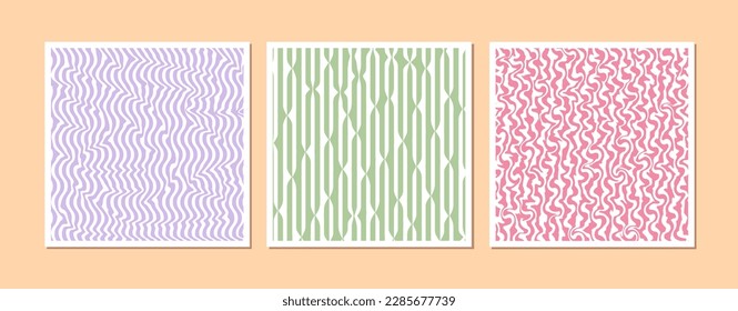 Set of isolated 1970s Retro pattern groovy trippy. Wavy pattern, optical illusion. Abstract psychedelic background. Poster with 70s retro style. Hippie Aesthetic. Y2k style. Vector Illustration