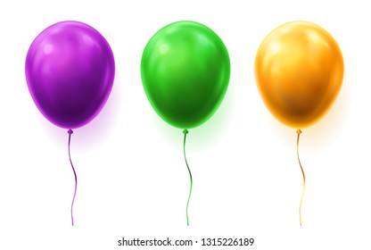 Set Of Isolated 3d Balloons For Party Or Happy Birthday. Green And Yellow, Purple Or Violet Gift For Holiday And Fun, Joy. Bunch Of Colourful Helium Objects For Celebration, Festival, Carnival,jubilee