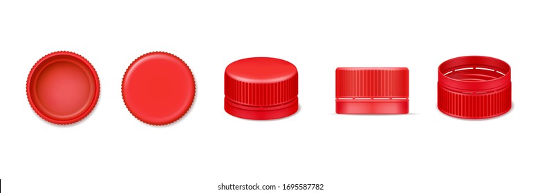 Set of isolated 3d bottle cap or vector realistic lid for water. Red beverage cover from top and bottom, side view. Design of plastic element for liquid cover. Garbage and recycle, fluid container - Shutterstock ID 1695587782