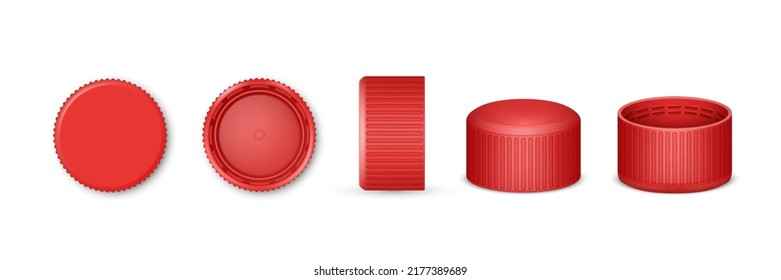 Set of isolated 3d bottle cap or realistic lid for water. Red beverage cover from top and bottom, side view. Design of plastic element for liquid cover. Fluid container. Vector illustration