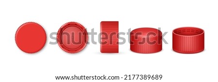 Set of isolated 3d bottle cap or realistic lid for water. Red beverage cover from top and bottom, side view. Design of plastic element for liquid cover. Fluid container. Vector illustration Foto stock © 