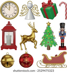 set of isolated 3d christmas elements. collection of realistic christmas decorations