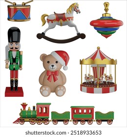 Conjunto de juguetes de Navidad 3D aislados. colección de juguetes de Navidad vintage ilustración realista