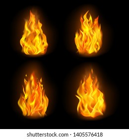 Set of isolated 3d fire or realistic burn, orange flame emoji on transparent background. Emoticon icon or bonfire logo, blaze or light, heat logo. Danger and energy, warning and flammable, hot theme