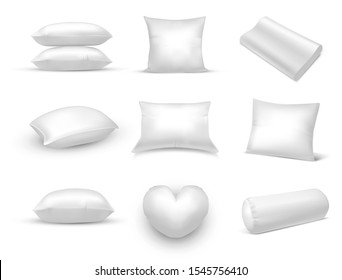 Set of isolated 3d or realistic pillow pile. Rectangle or square headboard. Bolster or oval, heart linens. White cushion mockup or closeup. Bed and sleep, bedroom and sleeping, decoration and bedding